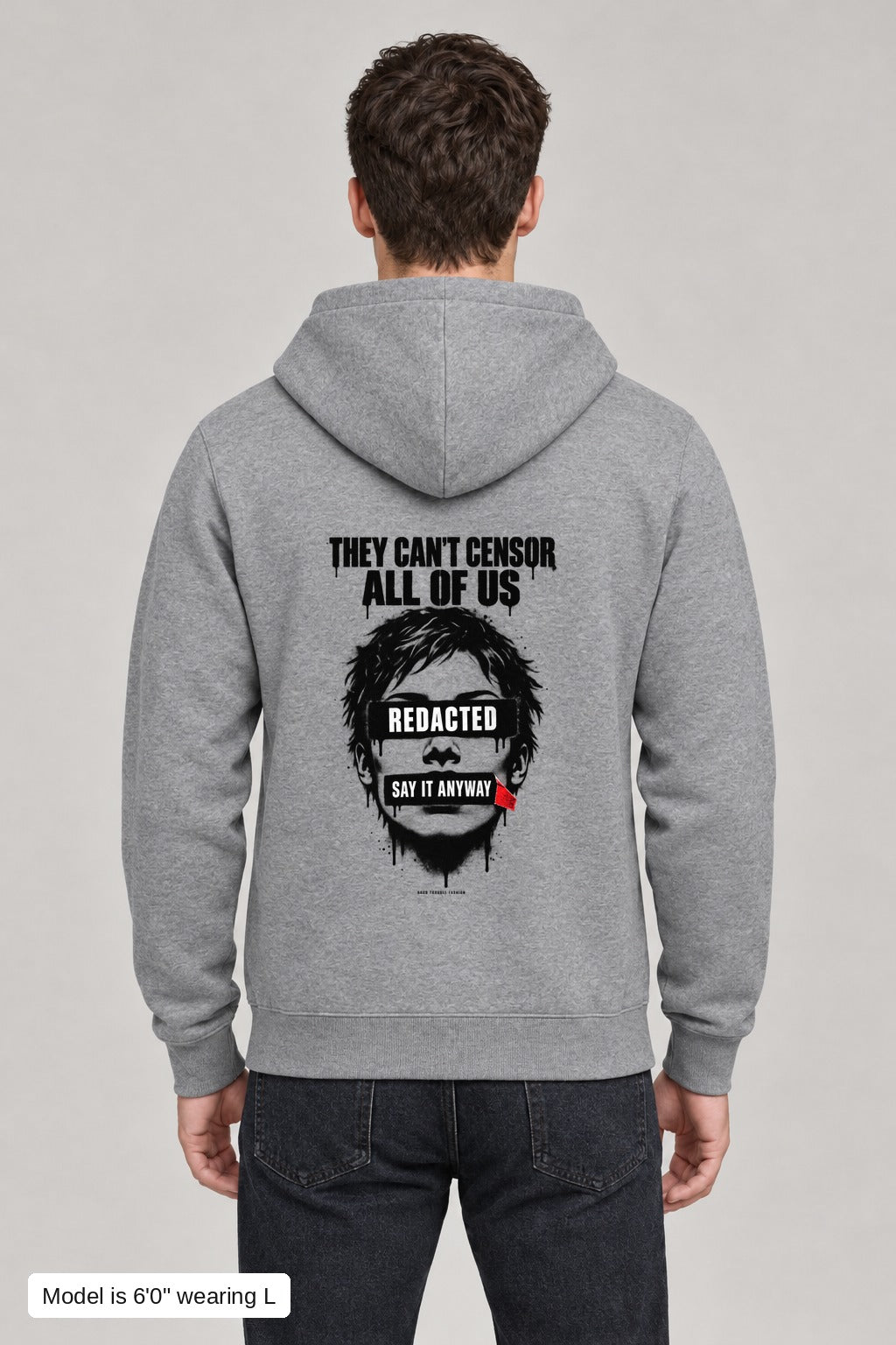 They Can't Censor All of Us Hoodie in Gray, back, black-ink censored face print, on an athletic model wearing size L, 6'0" - Good Trouble Fashion