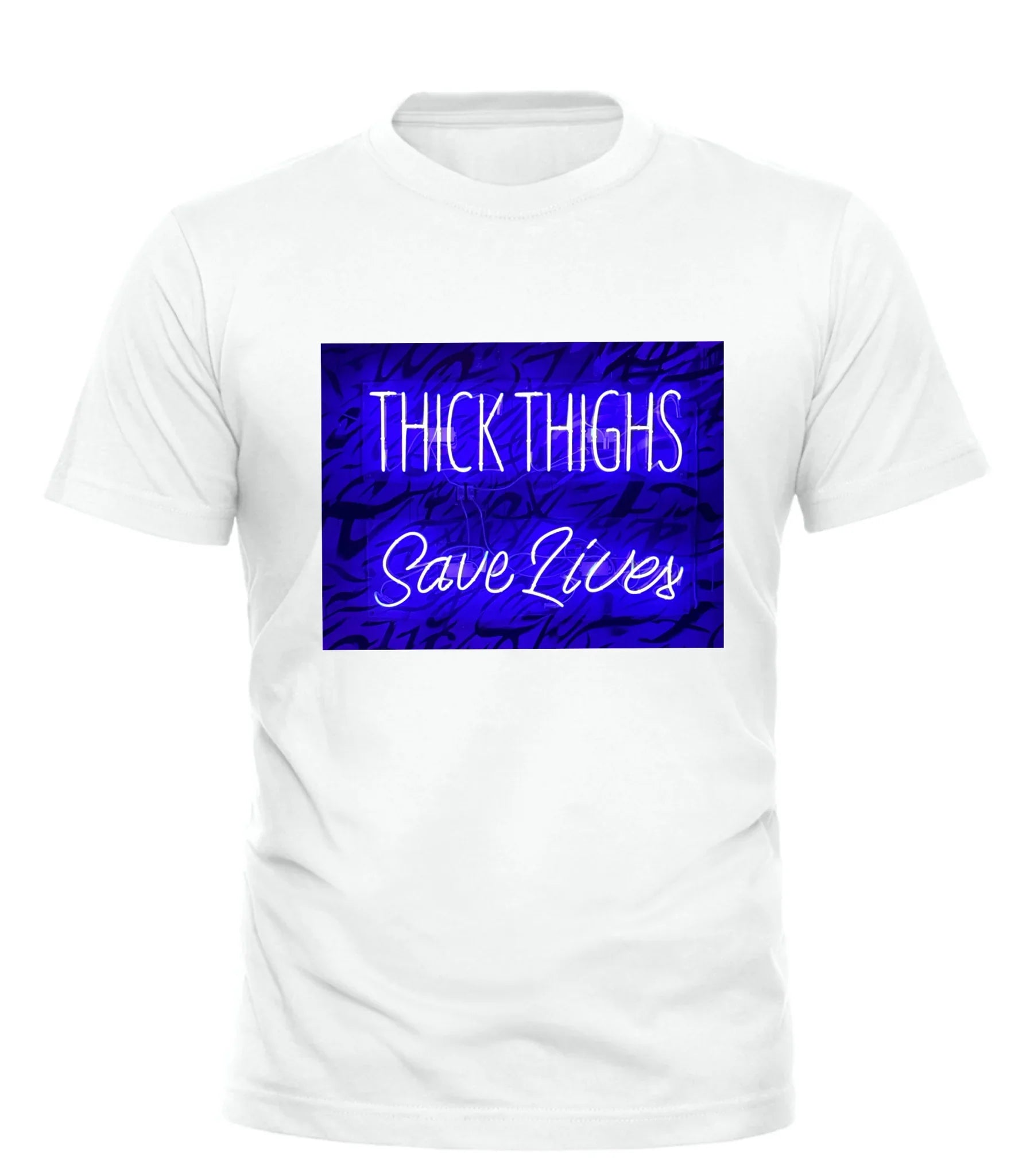 Good Trouble Garments white thick thighs saves lives shirt with blue graphic text design