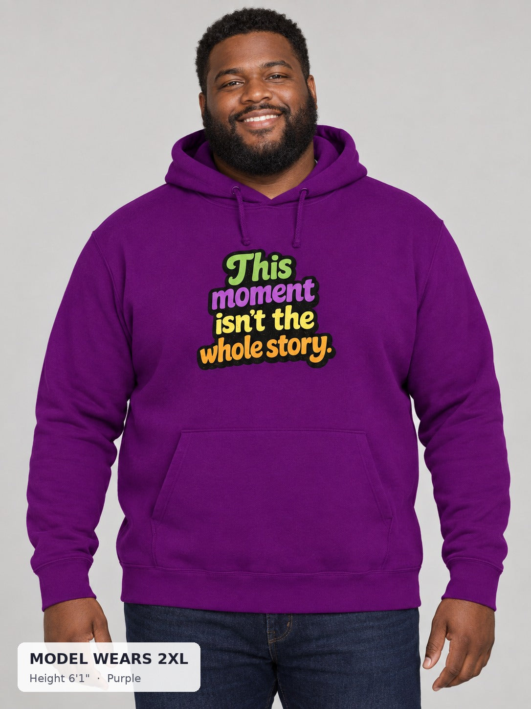 This Isn't the Whole Story Hoodie in Purple on a plus-size model wearing size 2XL, 6'1" - Good Trouble Fashion