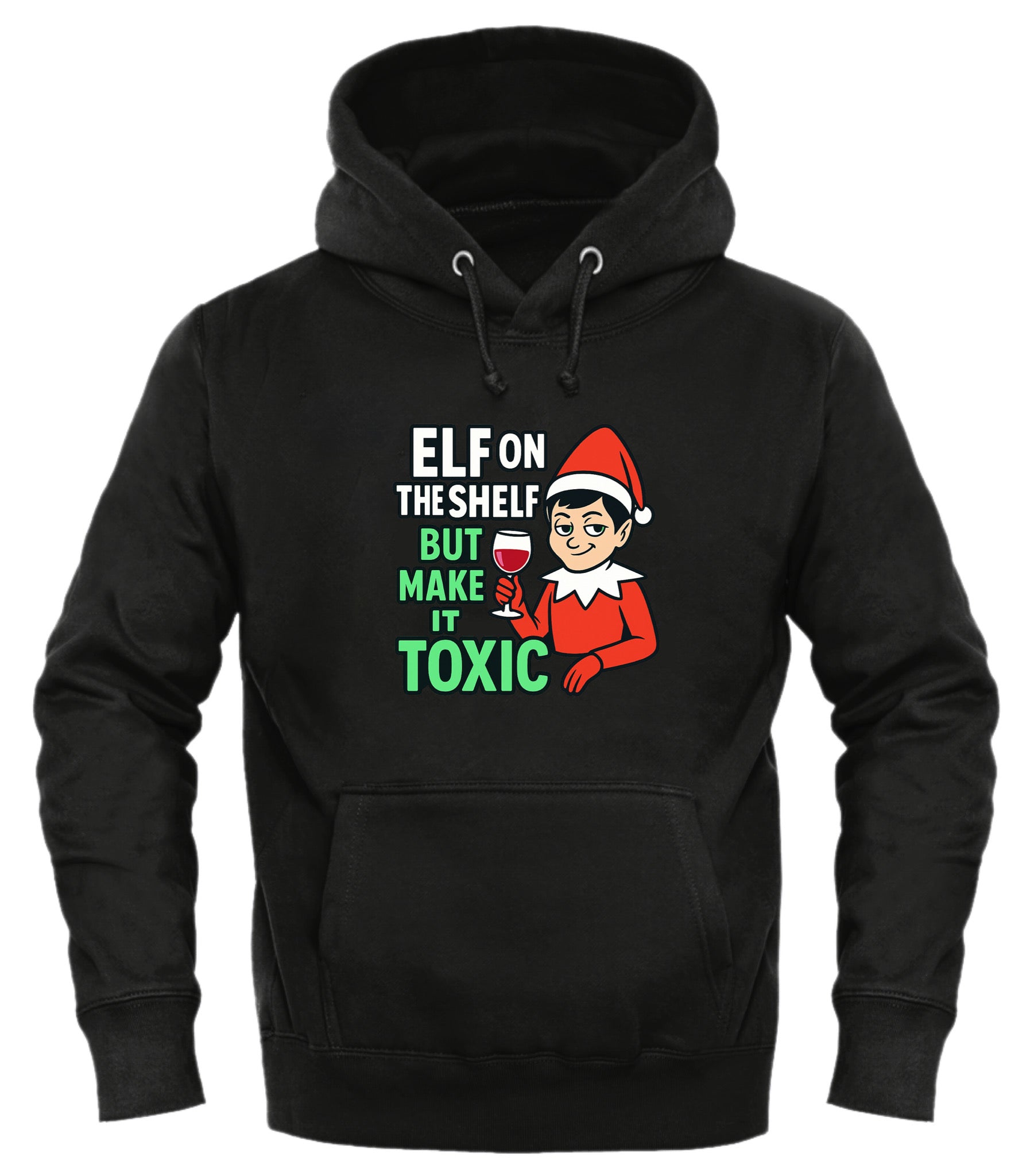 Good Trouble Fashion toxic elf on the shelf hoodie featuring a playful elf with a wine glass design