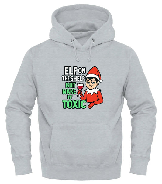 Light grey toxic elf on the shelf hoodie featuring a playful graphic and festive design