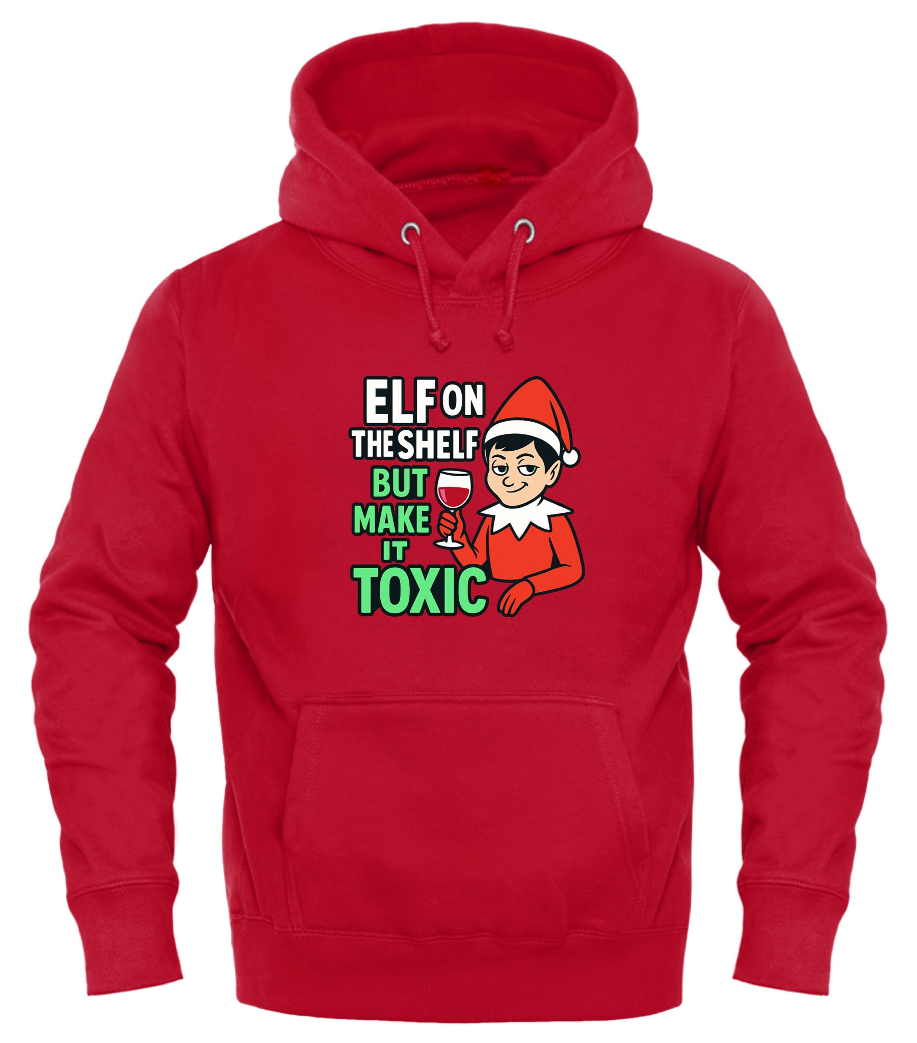 Red toxic elf on the shelf hoodie with playful graphics and humorous text for festive fashion