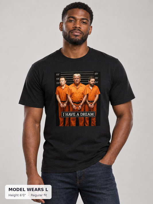 Trump for Prison Tee on an athletic model wearing size L, 6'0" - Good Trouble Fashion