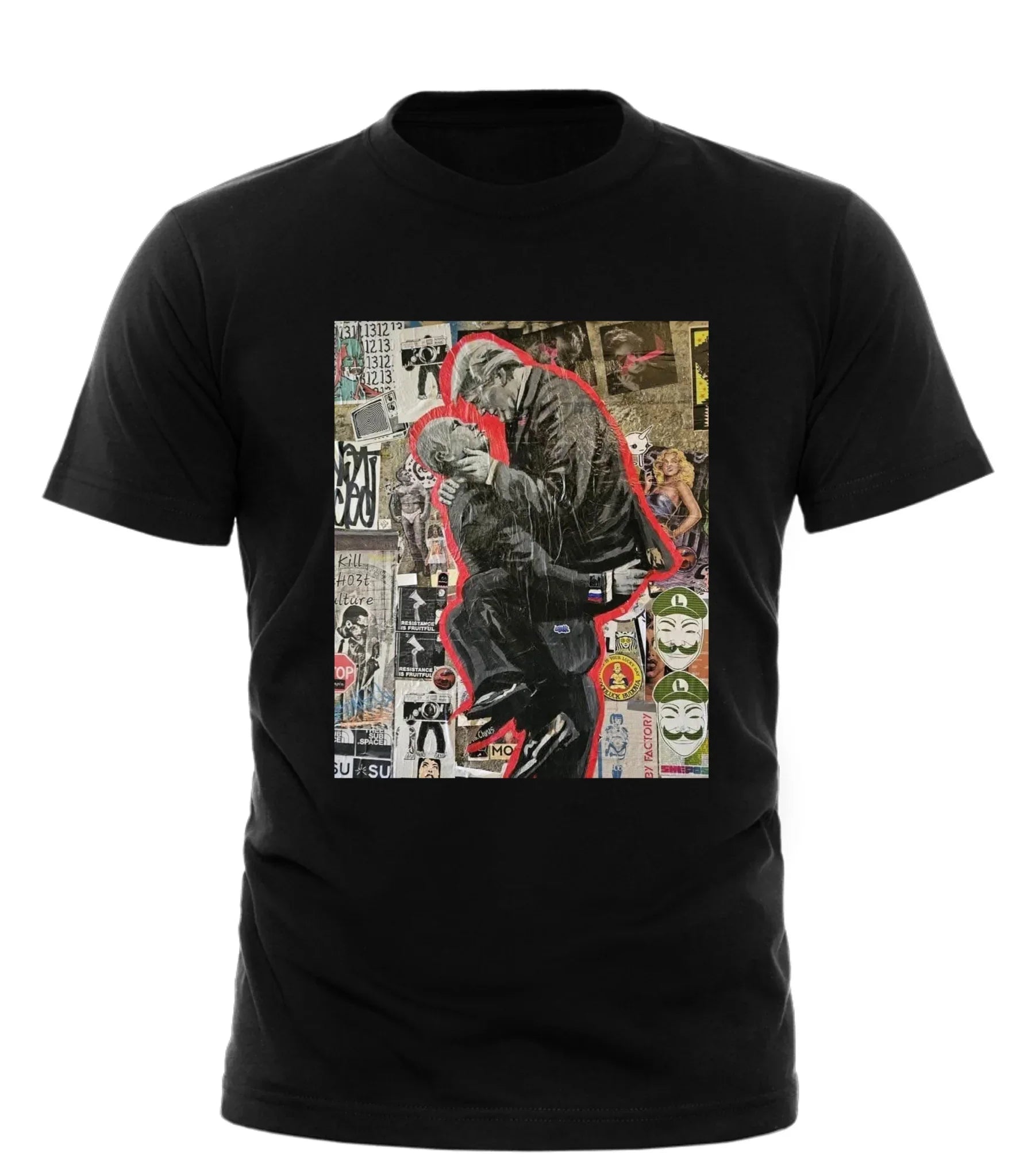 Black Good Trouble Garments Trump Putin parody shirt with graphic collage design on front