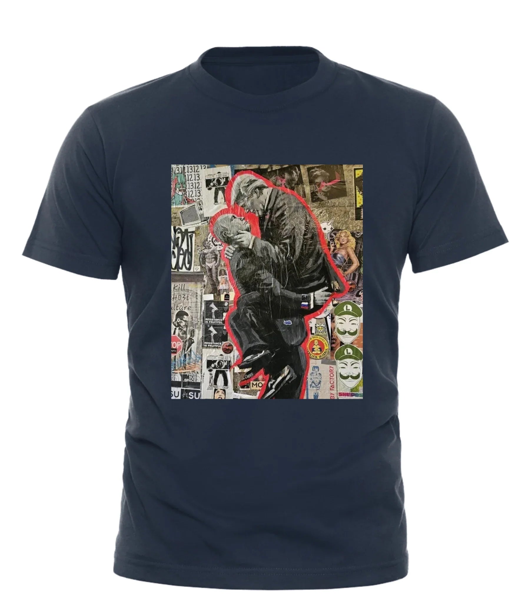 Good Trouble Garments navy t-shirt featuring a Trump Putin parody shirt graphic with collage design