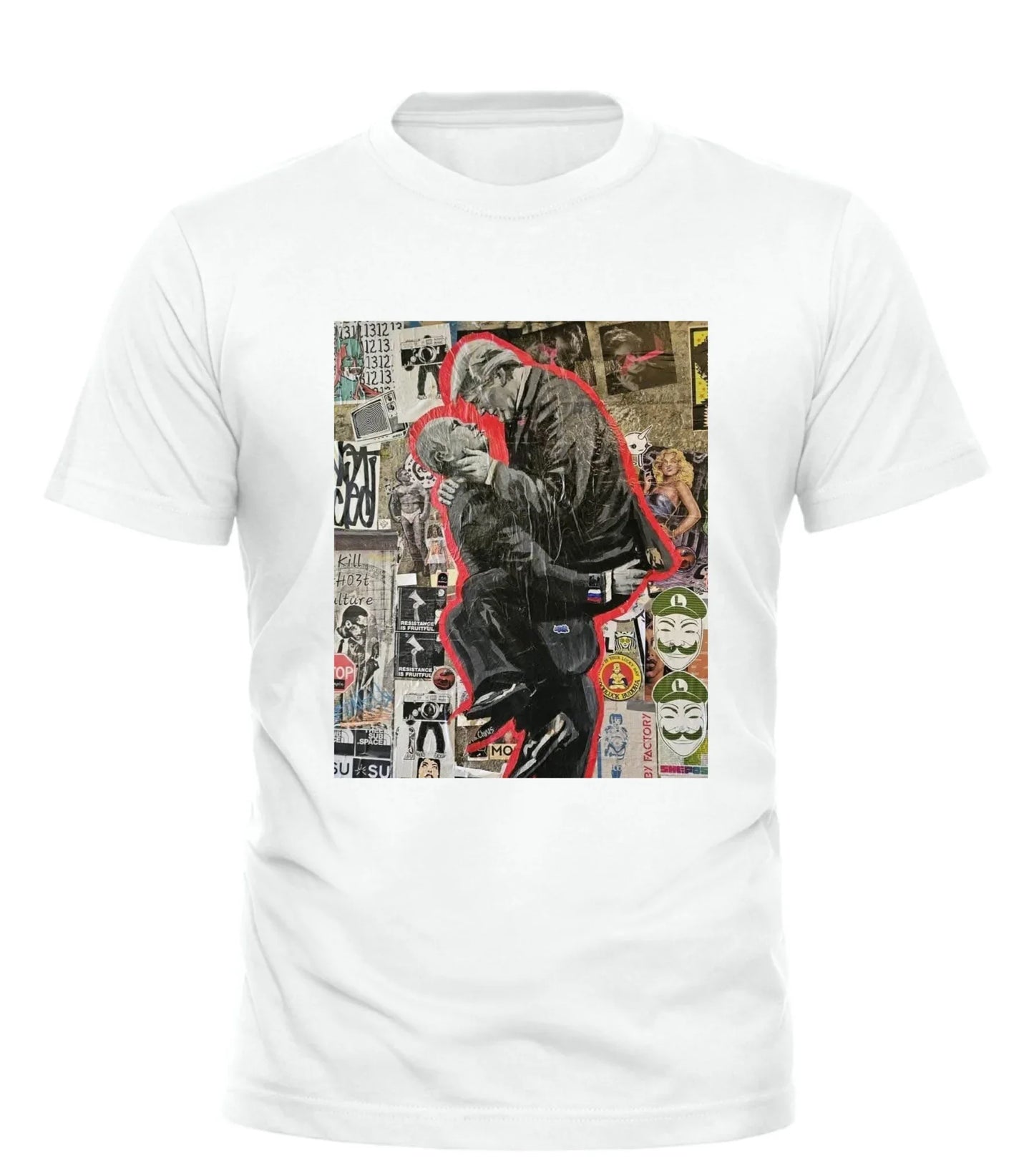 White Good Trouble Garments Trump Putin parody shirt with graphic of Trump and Putin hugging outlined in red