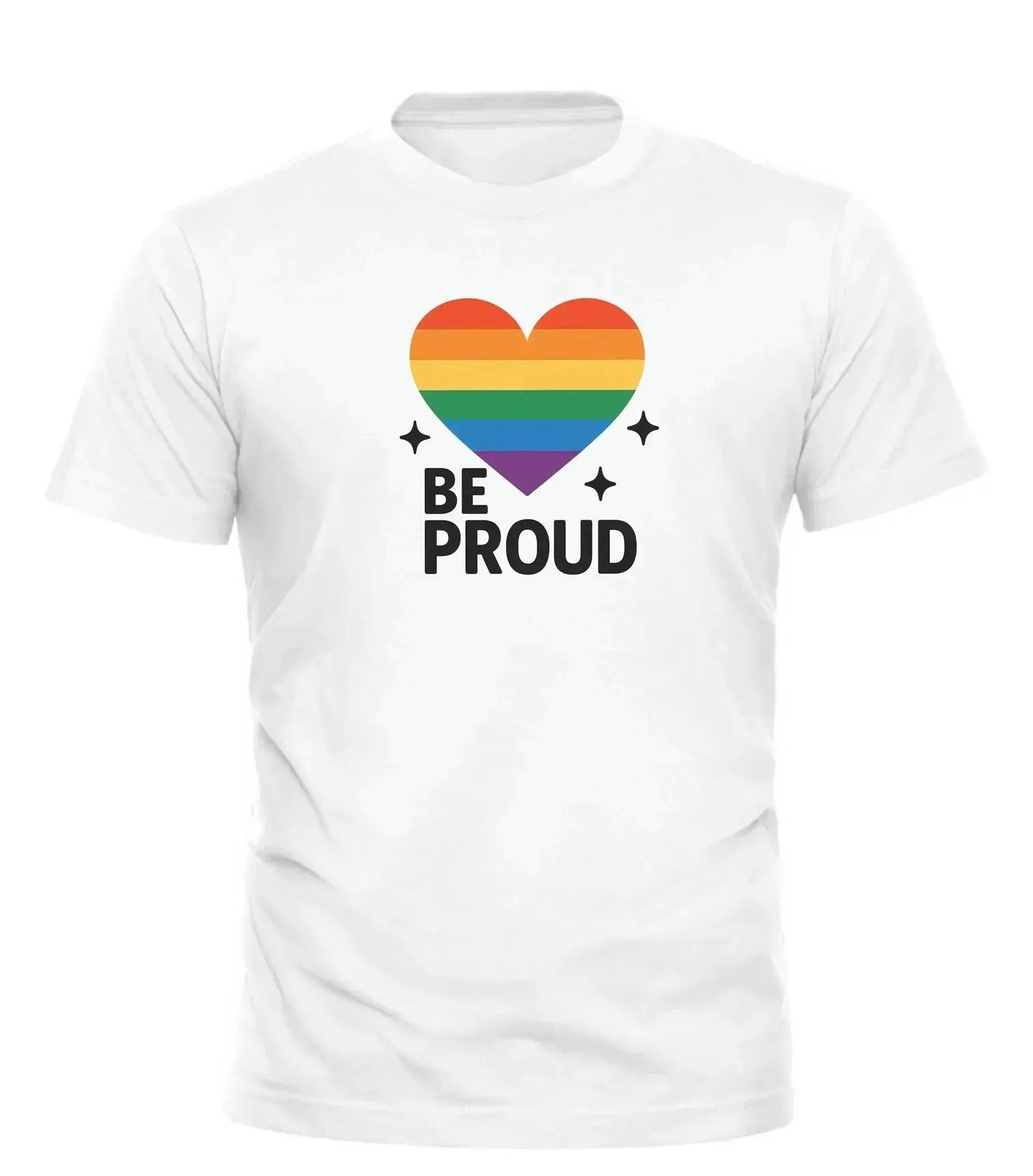 Good Trouble Garments white t-shirt with rainbow heart and Be Proud text unisex pride parade apparel