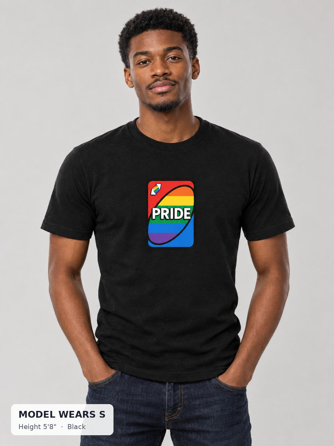 Uno Card Pride Tee in Black on a slim model wearing size S, 5'8" - Good Trouble Fashion