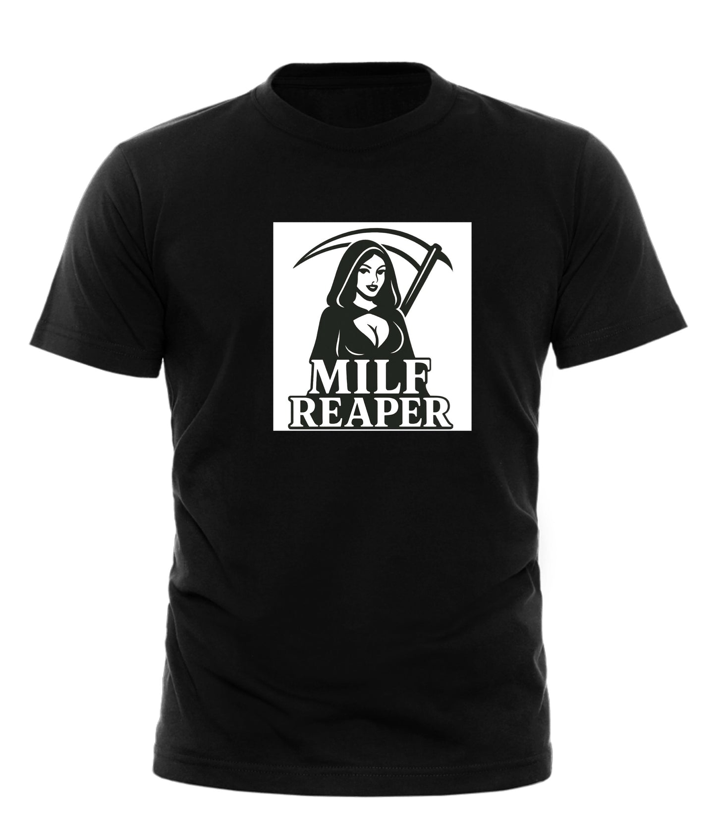 Black cotton MILF Reaper graphic tee by GOOD TROUBLE FASHION featuring stylized female grim reaper with scythe