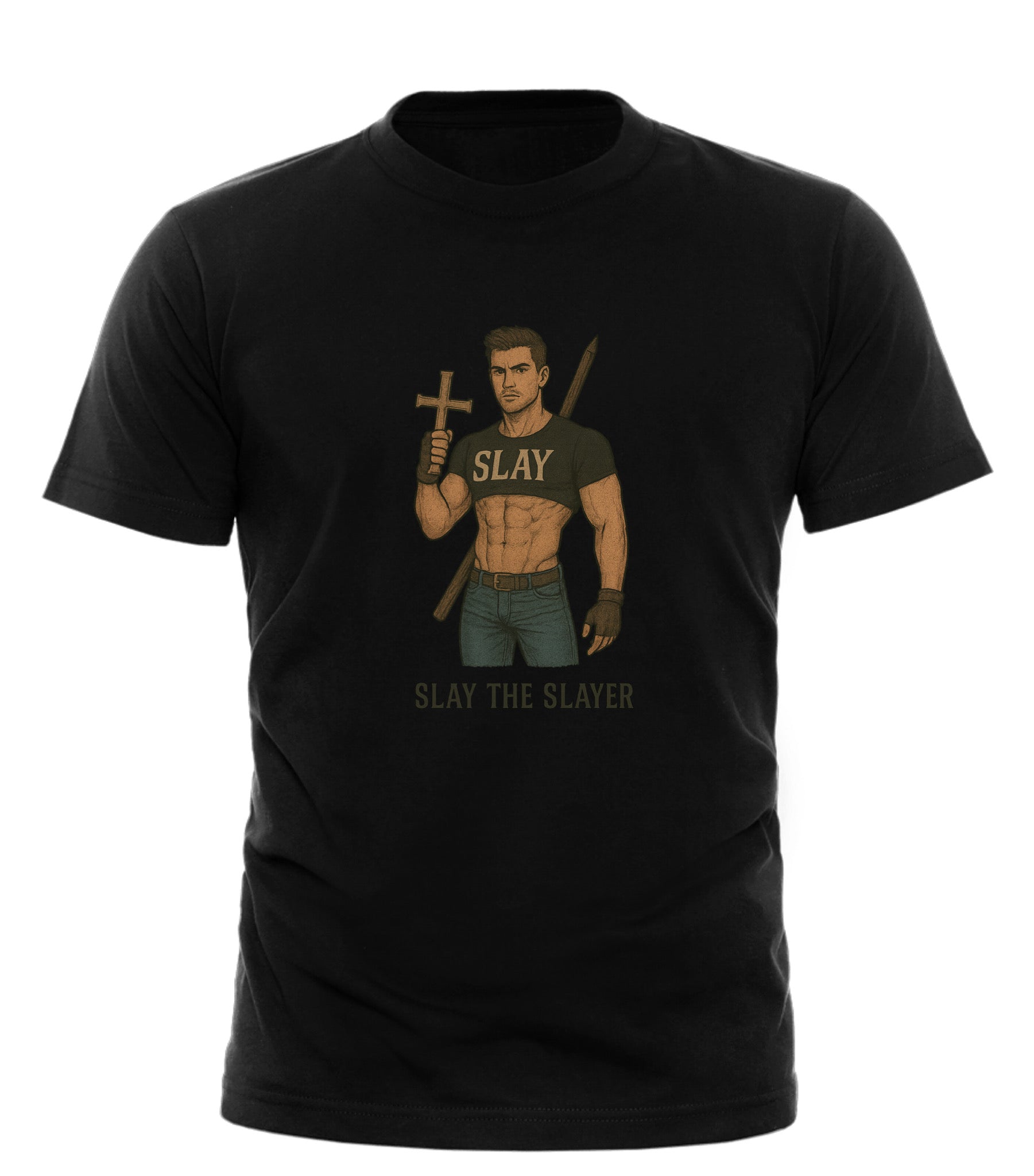 Slay the Slayer graphic tee black Good Trouble Garments muscular vampire hunter holding cross and stake