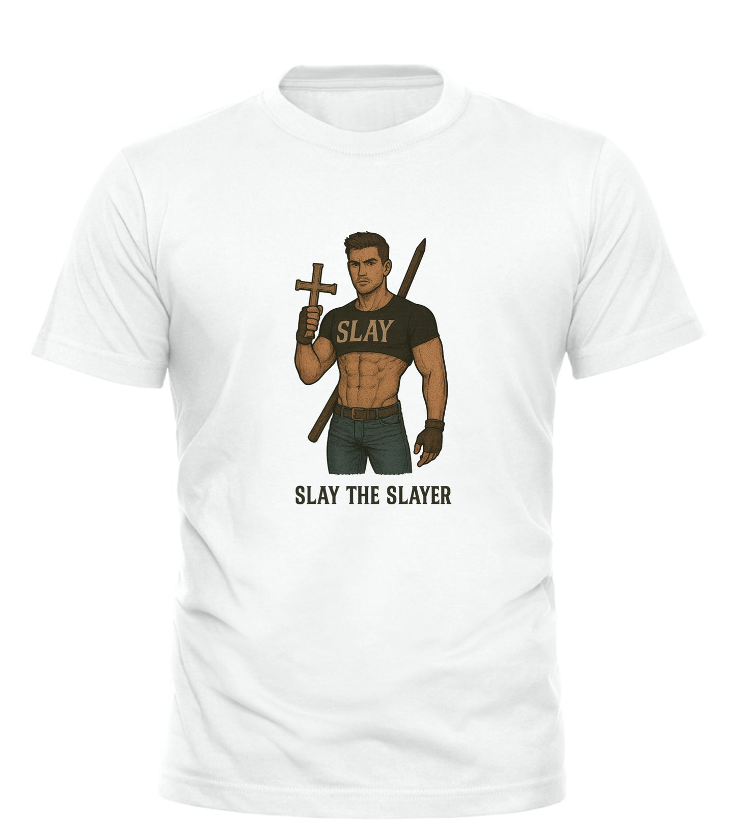 Good Trouble Garments white tee featuring muscular hero graphic holding cross and stake Slay the Slayer graphic tee
