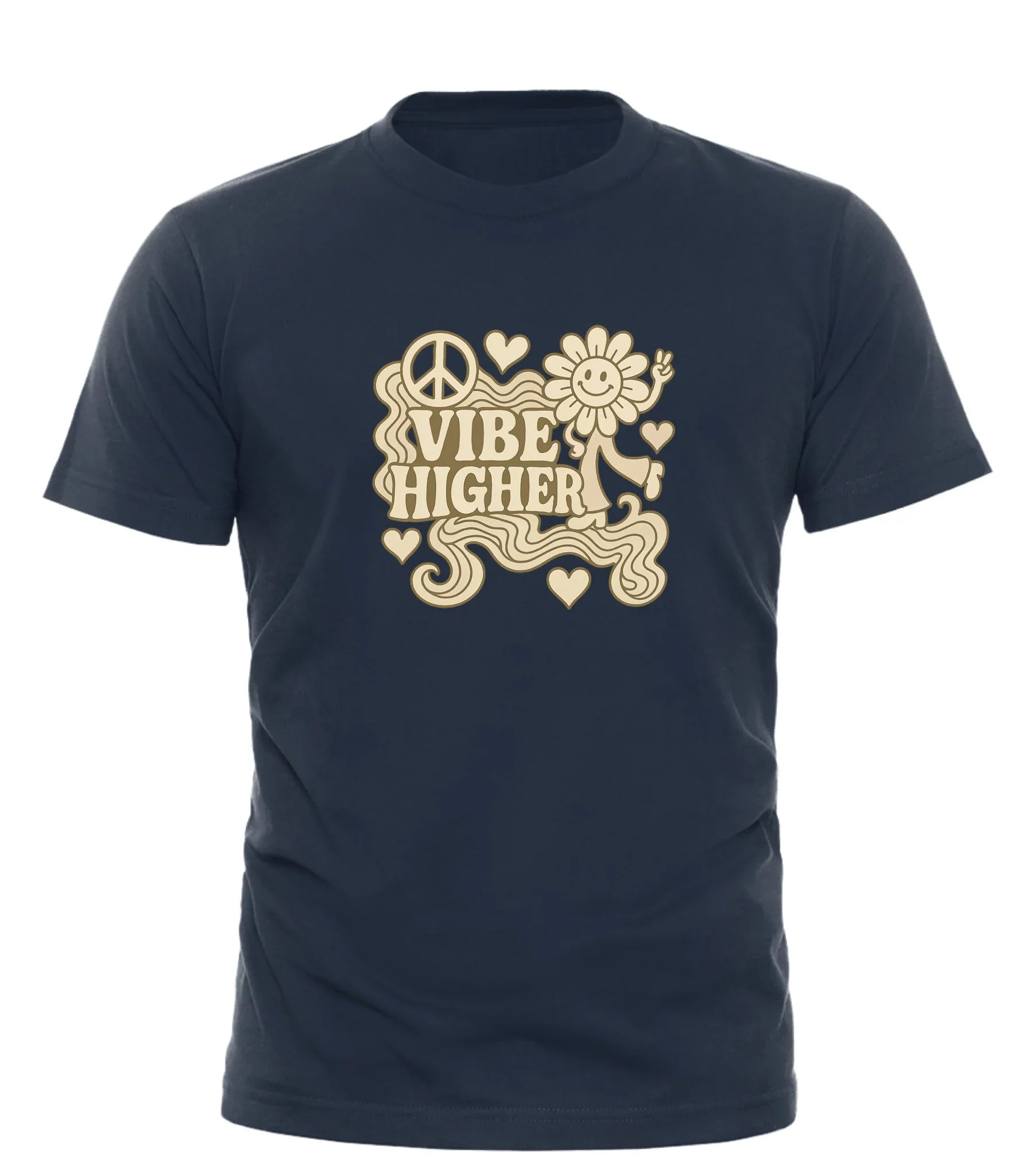 Good Trouble Garments navy vibe higher graphic tee with peace sign and smiling flower design