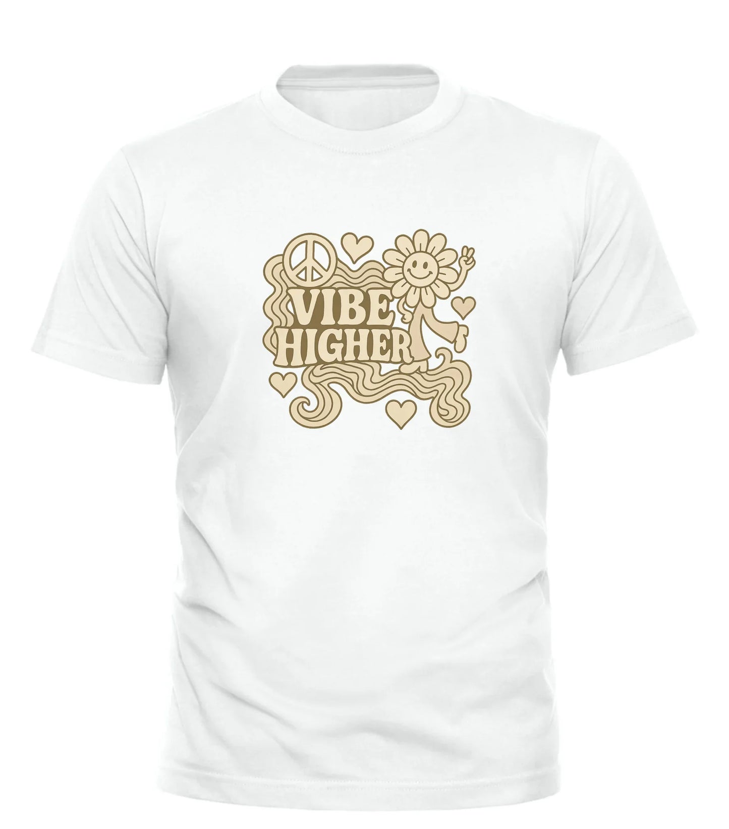 Good Trouble Garments white vibe higher graphic tee with retro flower and peace sign design