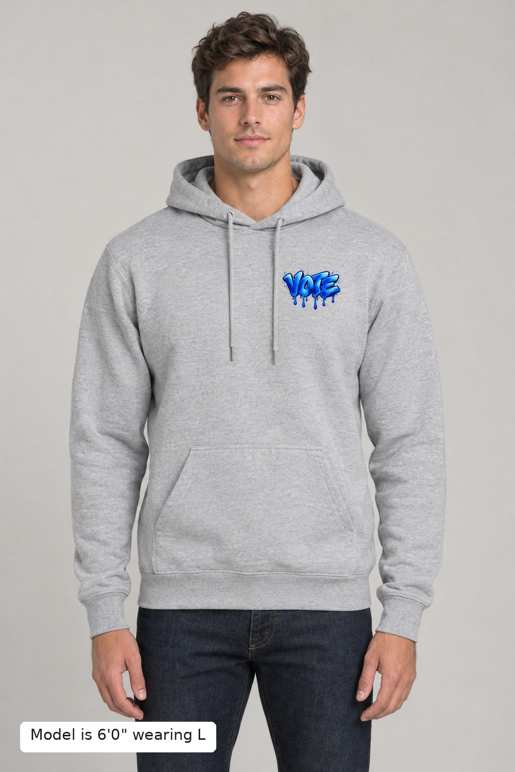 VOTE Blue Wave Hoodie in Gray, front, on an athletic model wearing size L, 6'0" - Good Trouble Fashion