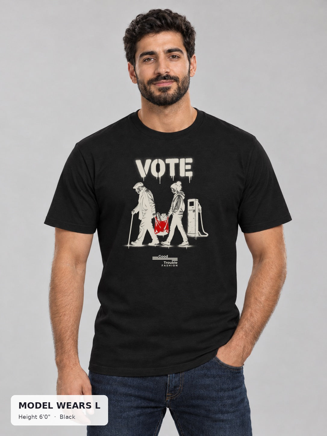 VOTE Carry Each Other Tee in Black on an athletic model wearing size L, 6'0" - Good Trouble Fashion