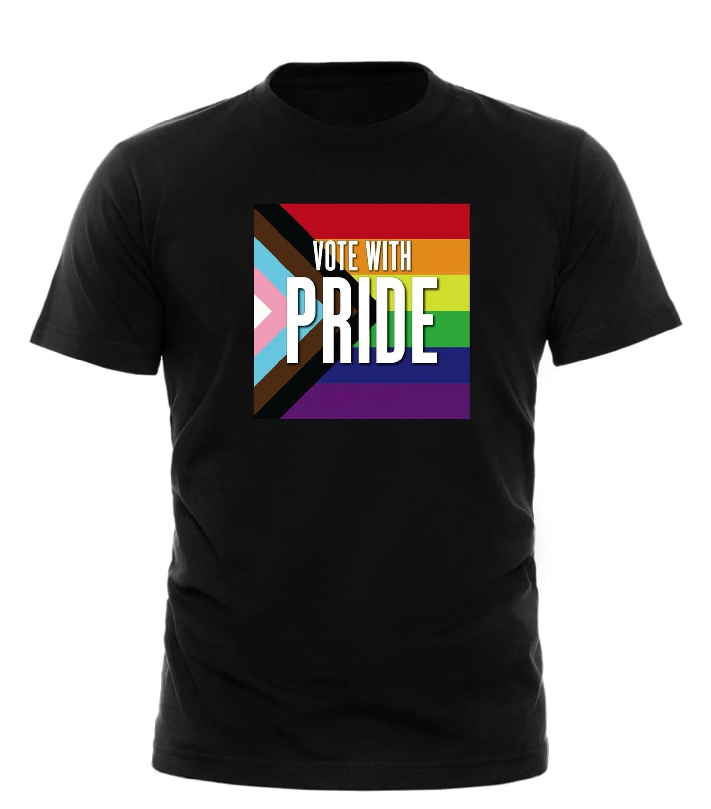 Vote with Pride t-shirt in black featuring a colorful pride flag design
