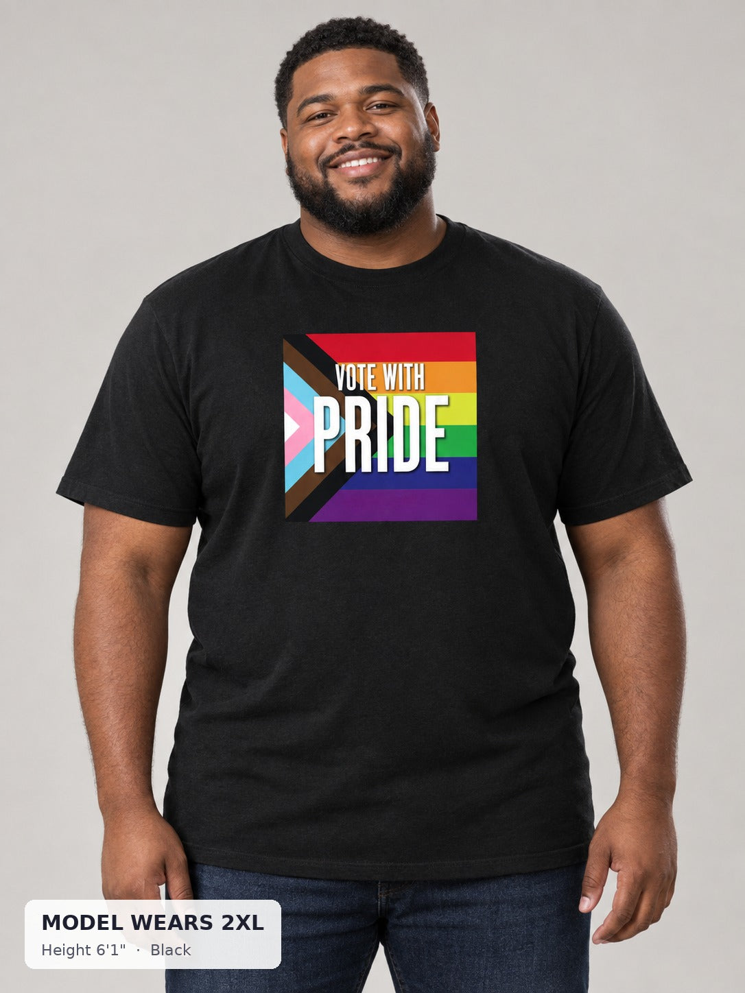 Vote With Pride Tee in Black on a plus-size model wearing size 2XL, 6'1" - Good Trouble Fashion