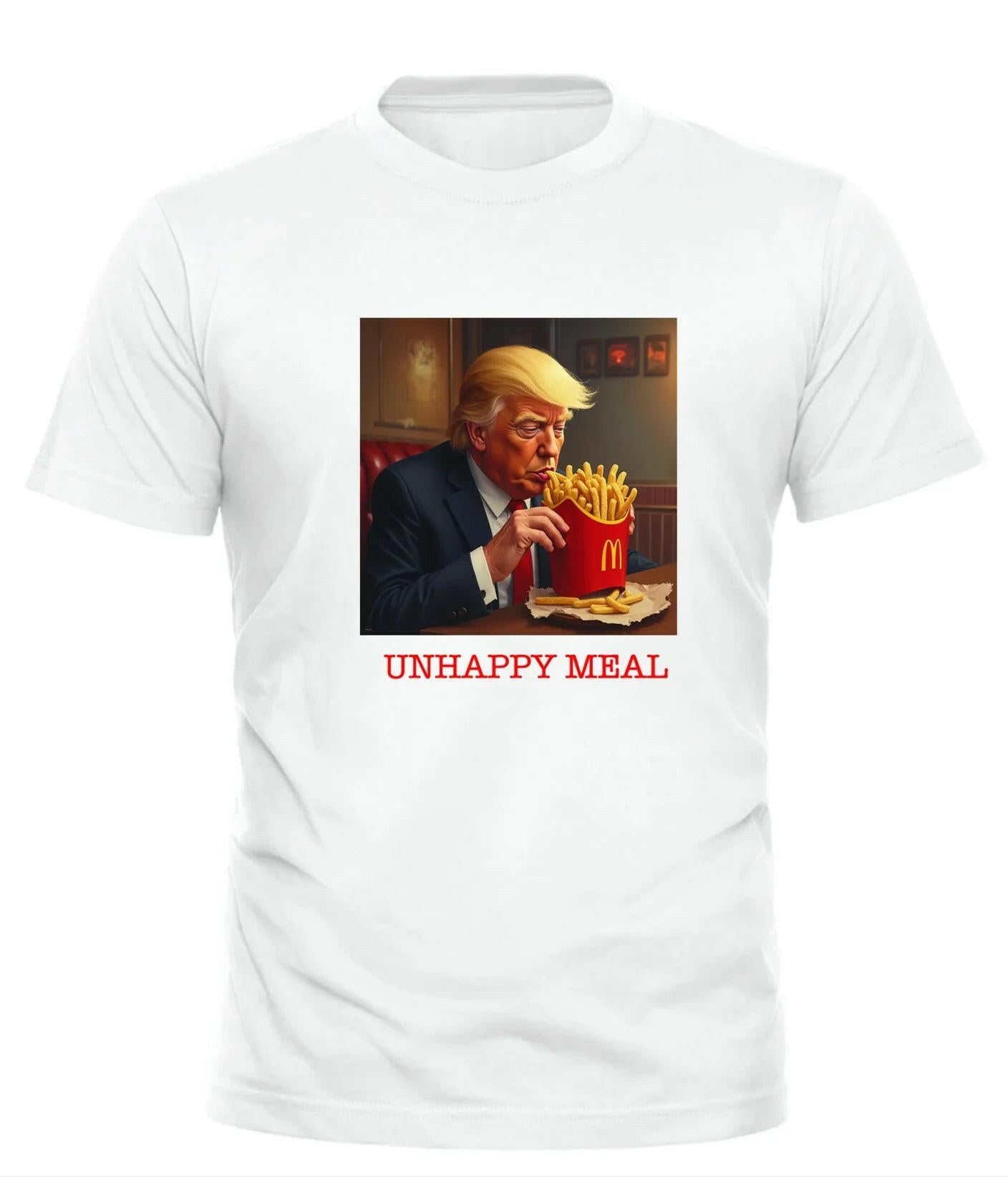 White Good Trouble Garments t-shirt featuring anti Trump statement apparel with Unhappy Meal design