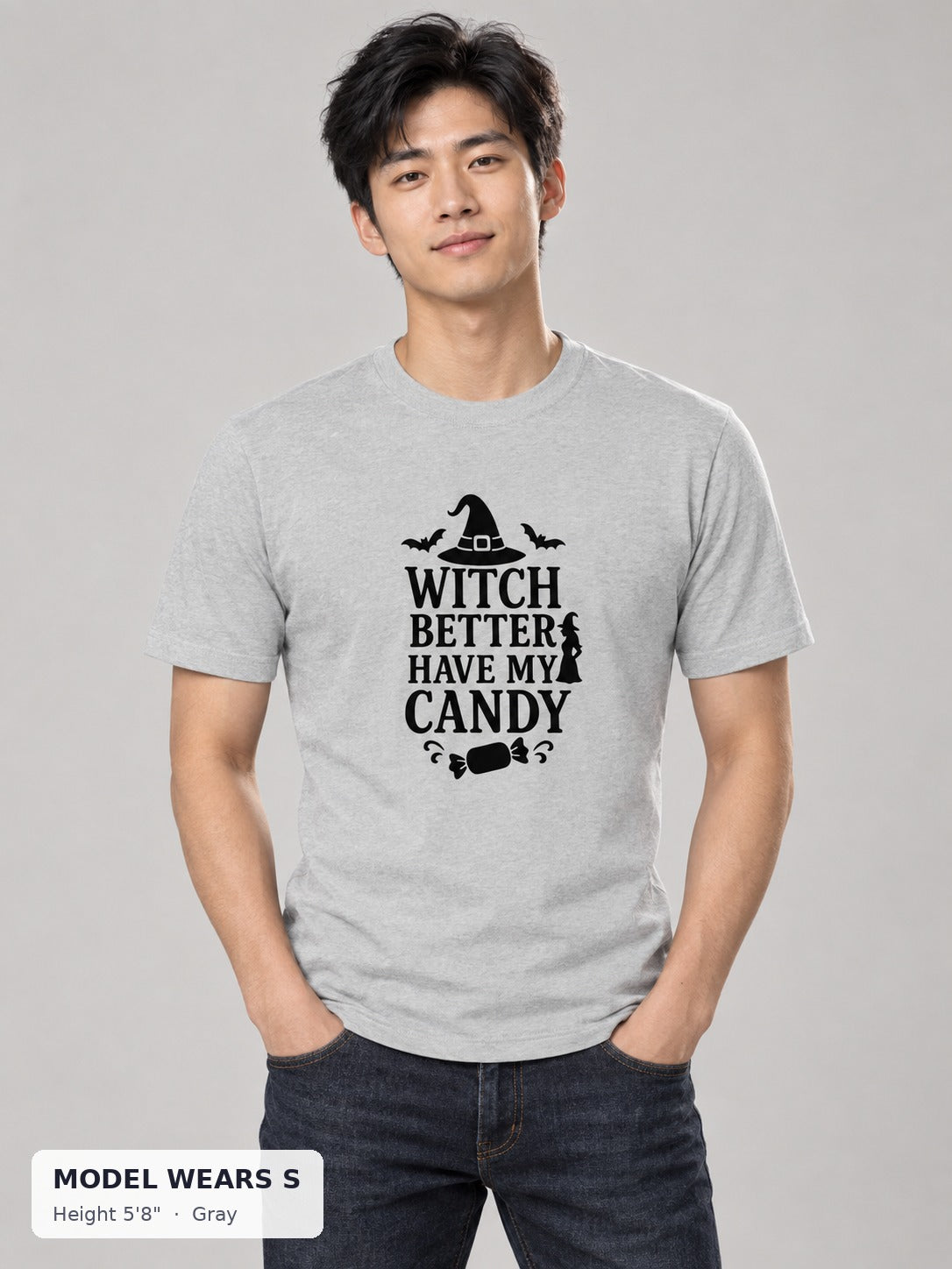 Witch Better Have My Candy Tee in Gray on a slim model wearing size S, 5'8" - Good Trouble Fashion
