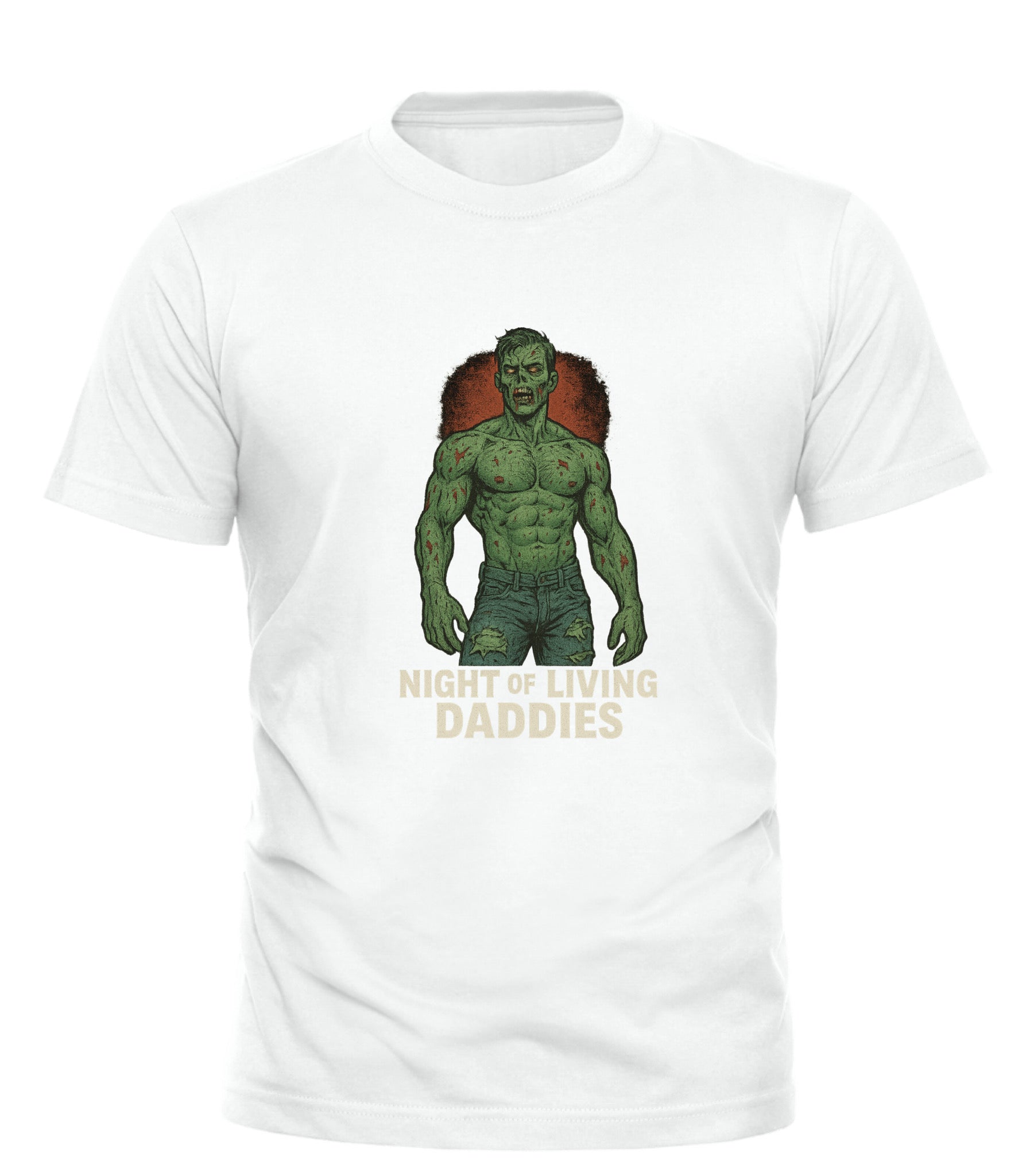 Night of the Living Daddies t-shirt white with green zombie dad graphic and distressed text by GOOD TROUBLE FASHION