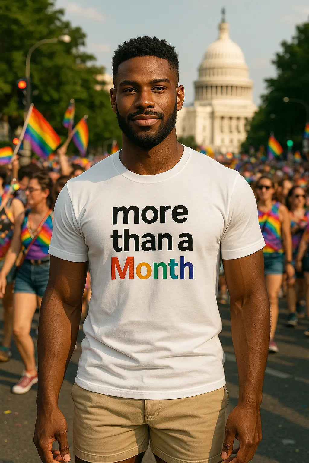 Pride 365 clothing featuring a white tee with bold text design at a vibrant pride event