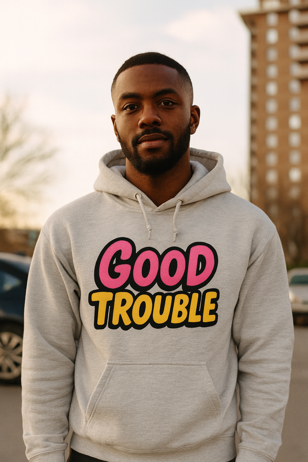 Comfortable hoodie from Good Trouble Fashion collection promoting dialogue and purpose through stylish apparel