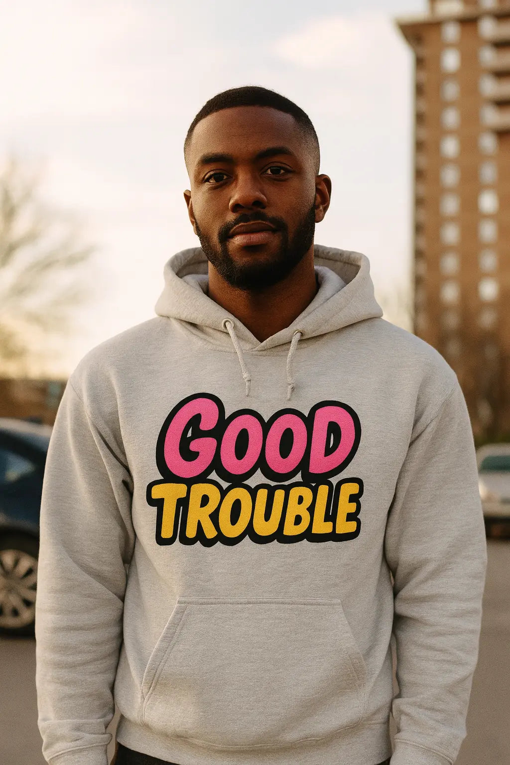 Comfortable hoodie from Good Trouble Fashion collection promoting dialogue and purpose through stylish apparel
