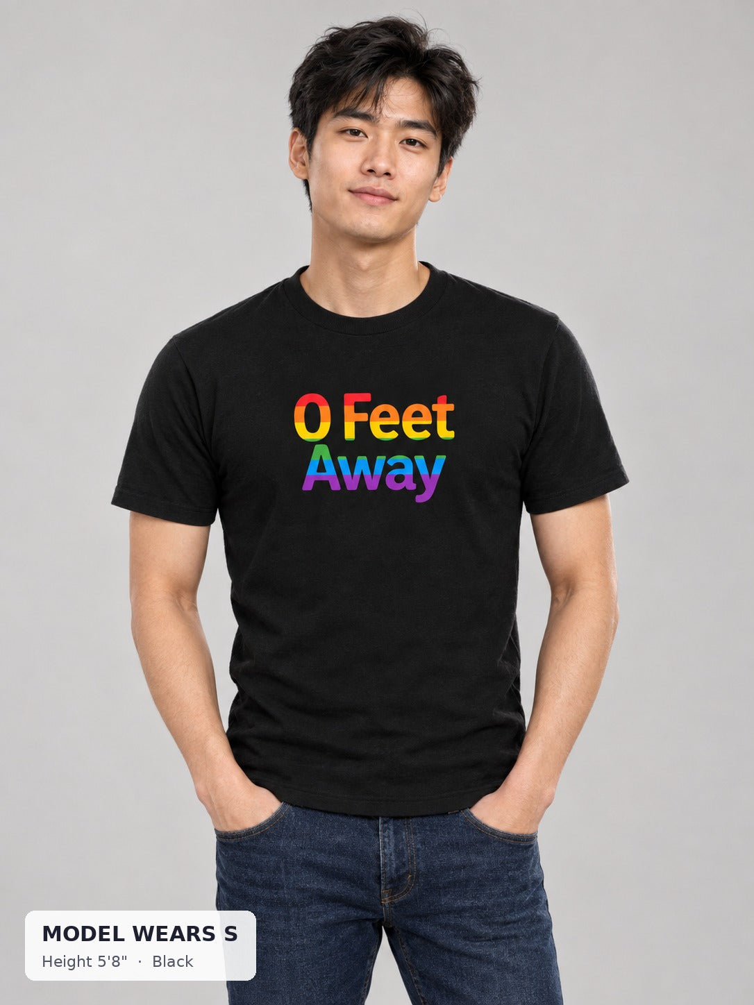 0 Feet Away Pride Tee in Black on a slim model wearing size S, 5'8" - Good Trouble Fashion