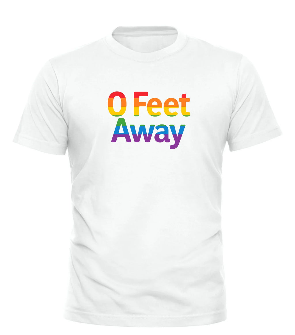 White Good Trouble Garments 0 feet away pride tee with colorful rainbow text on front