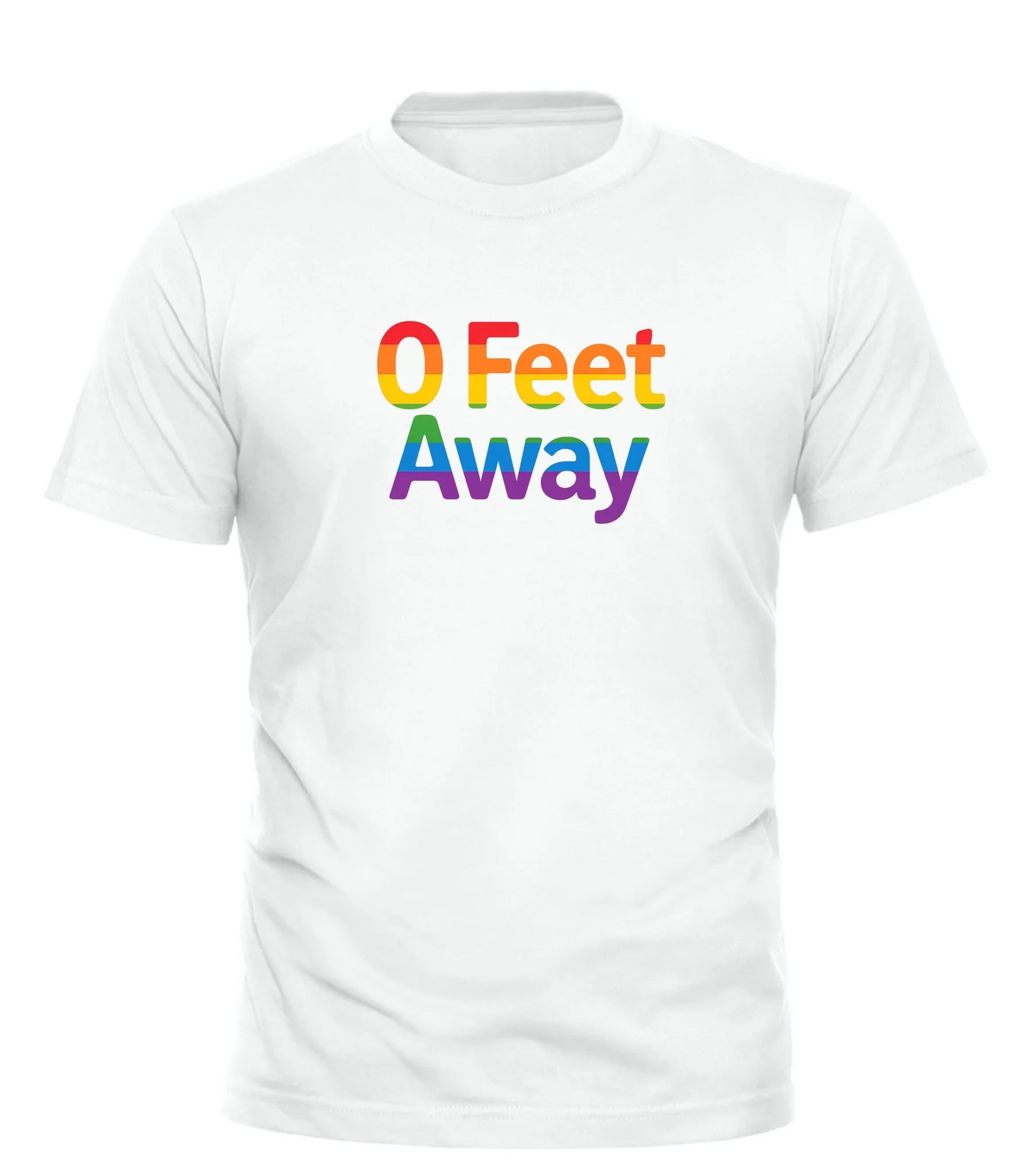 White Good Trouble Garments 0 feet away pride tee with colorful rainbow text on front