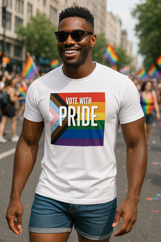 Vote With Pride T-Shirt – unisex graphic cotton T-shirt from Good Trouble Fashion – soft jersey tee product photo