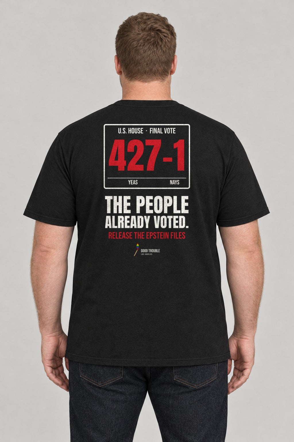 427–1 Release the Epstein Files Tee in Black, back view showing the 427–1 vote tally back print, on a plus-size model wearing size 2XL, 6'1" - Good Trouble Fashion