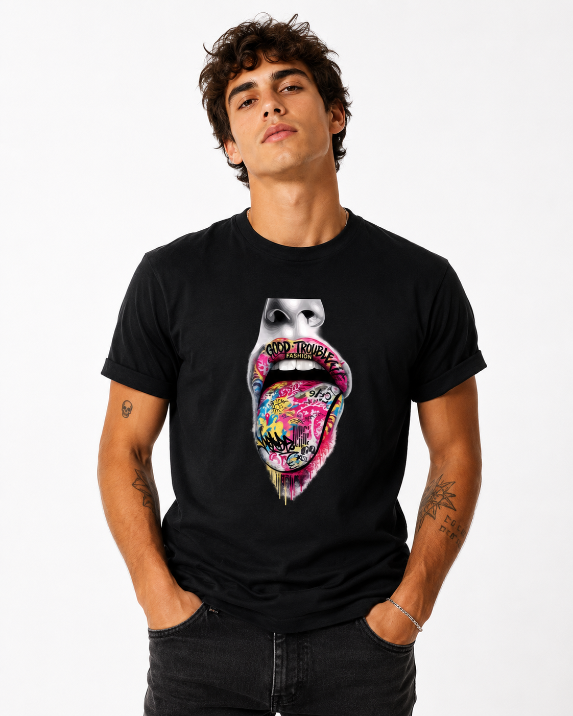 Good Trouble Graffiti Tongue Graphic Tee – Streetwear Statement T-Shirt