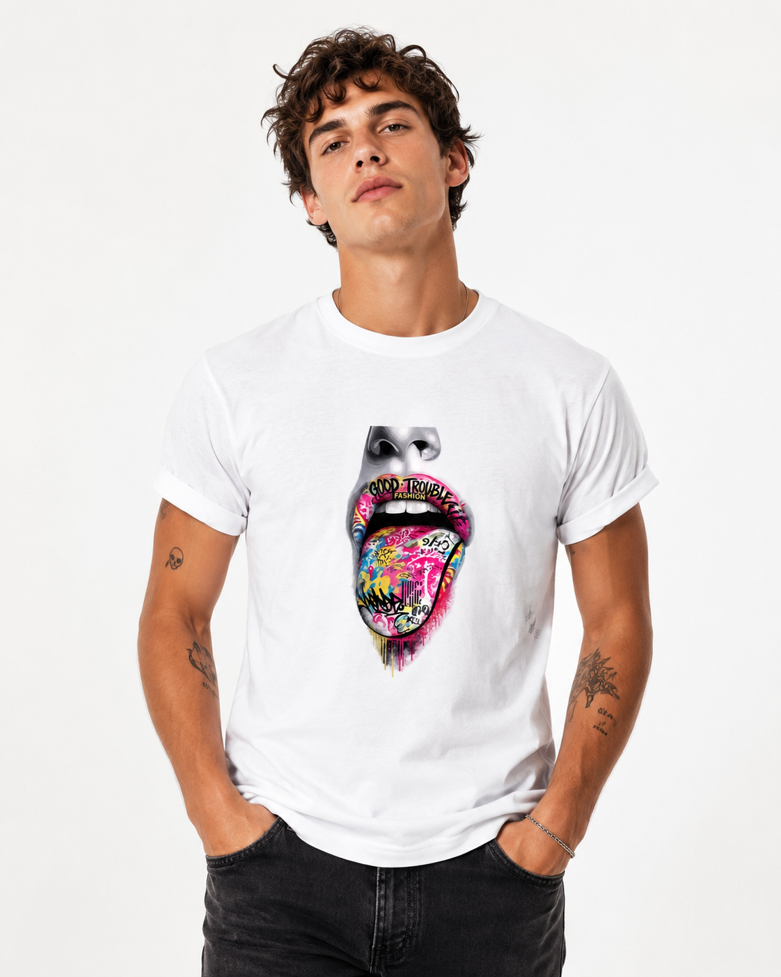Good Trouble Graffiti Tongue Graphic Tee – Streetwear Statement T-Shirt