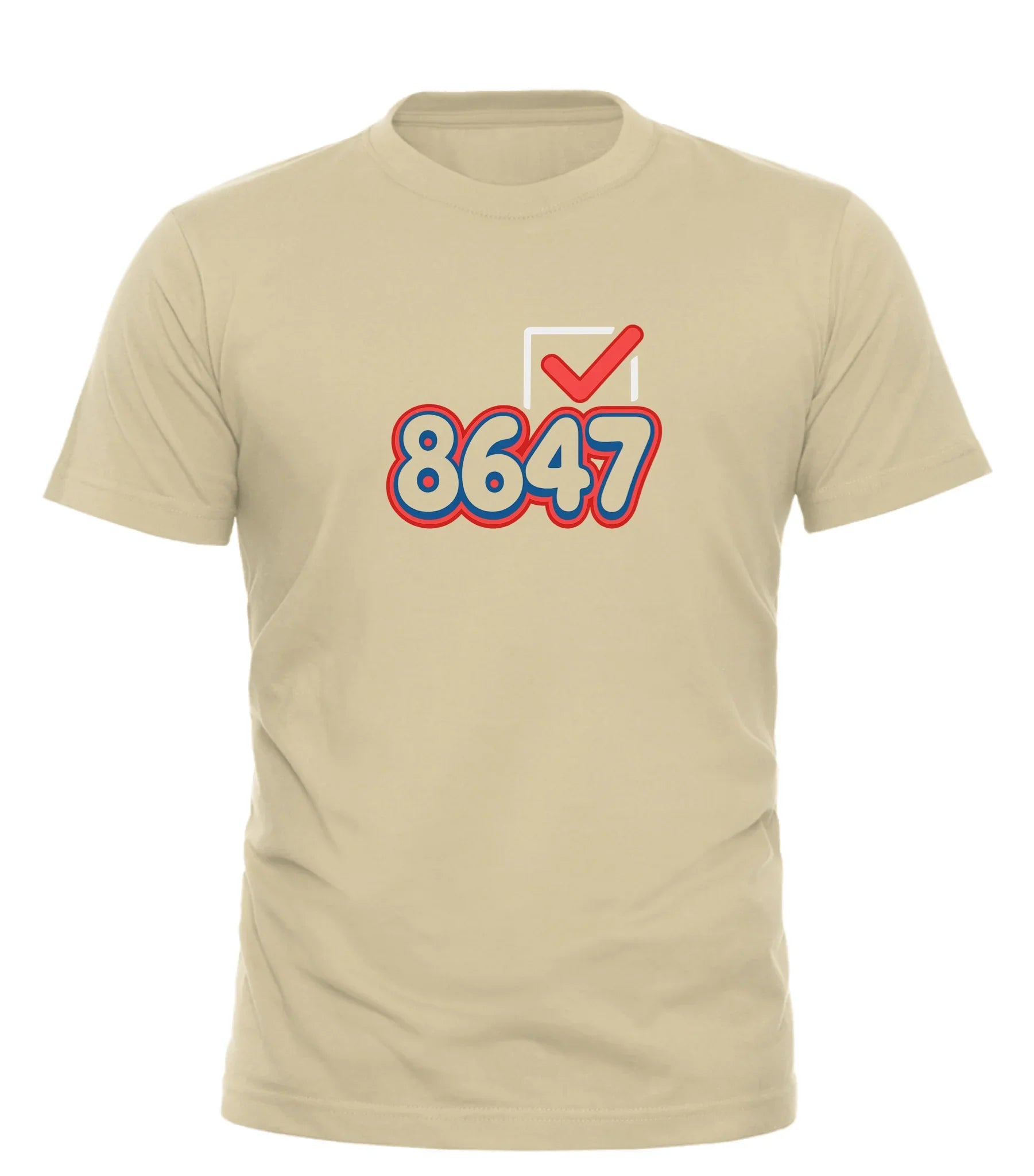 Good Trouble Garments 8647 graphic tee beige t-shirt with colorful 8647 design and red checkmark