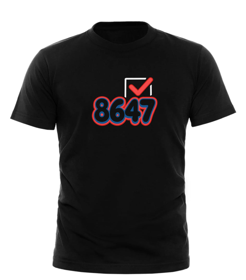 Black Good Trouble Garments 8647 graphic tee with red and blue numbers and checkmark design