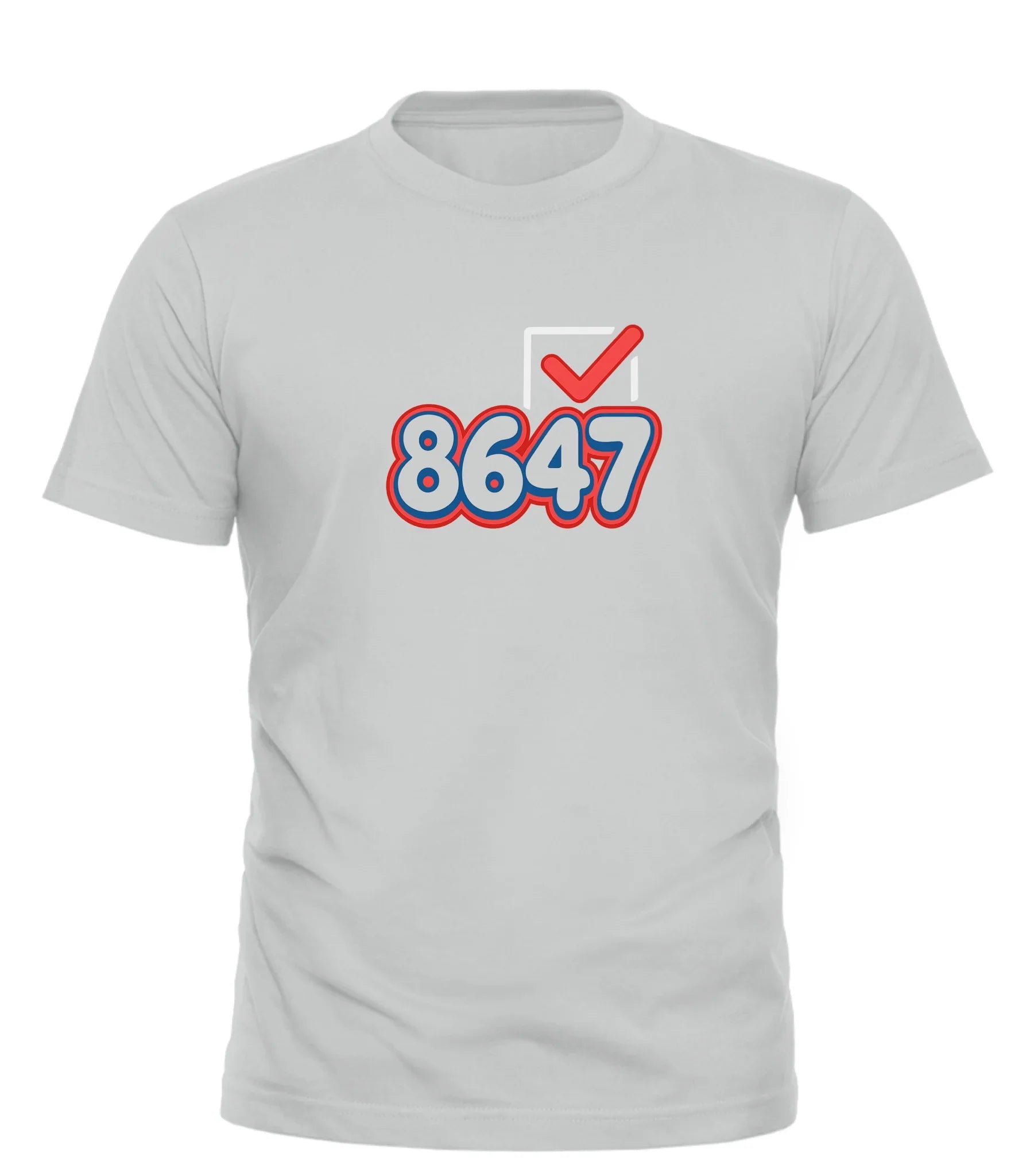 Good Trouble Garments 8647 graphic tee in white with bold blue and red numbers and a red check mark design