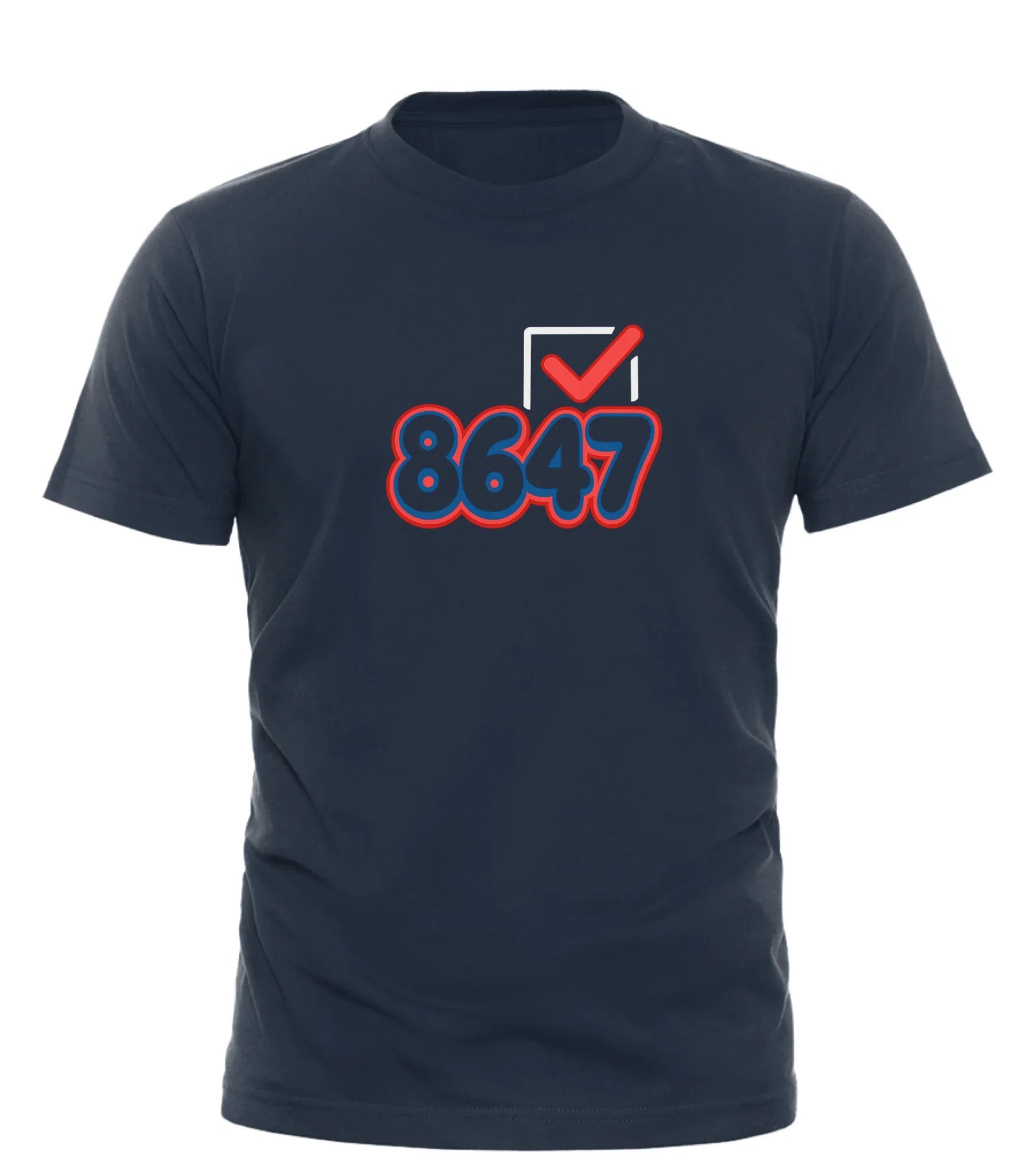 Good Trouble Garments 8647 graphic tee in navy blue with red and white checkmark design