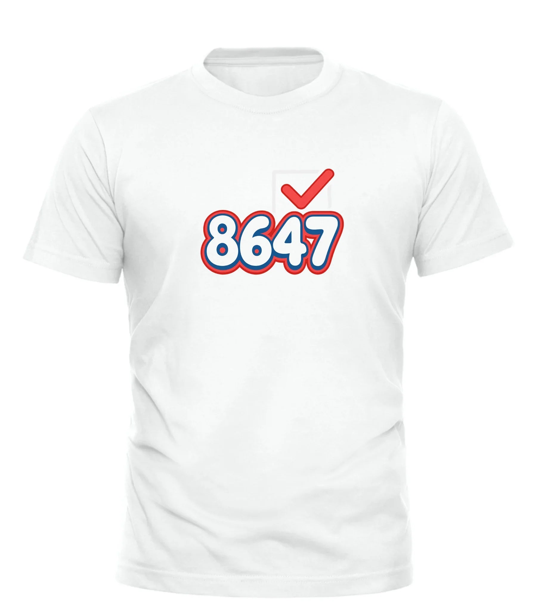 Good Trouble Garments white 8647 graphic tee with red and blue numbers and checkmark design