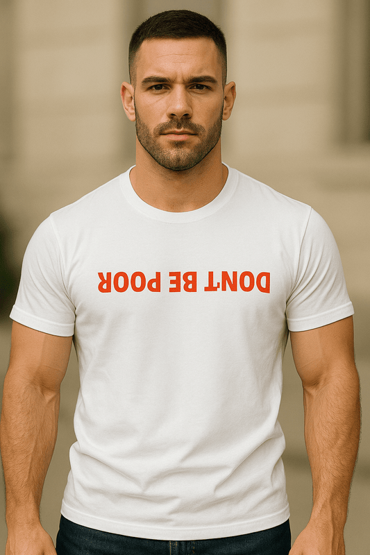 DON’T BE POOR Shirt with Bold Red Text – unisex graphic cotton T-shirt from Good Trouble Fashion – soft jersey tee product photo