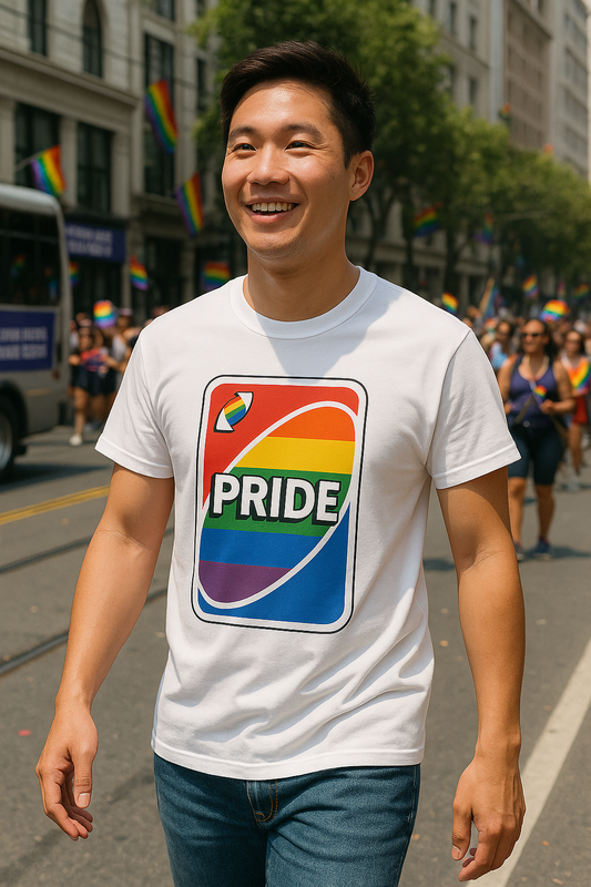 Pride Shirt Uno Card Design – unisex graphic cotton T-shirt from Good Trouble Fashion – soft jersey tee product photo