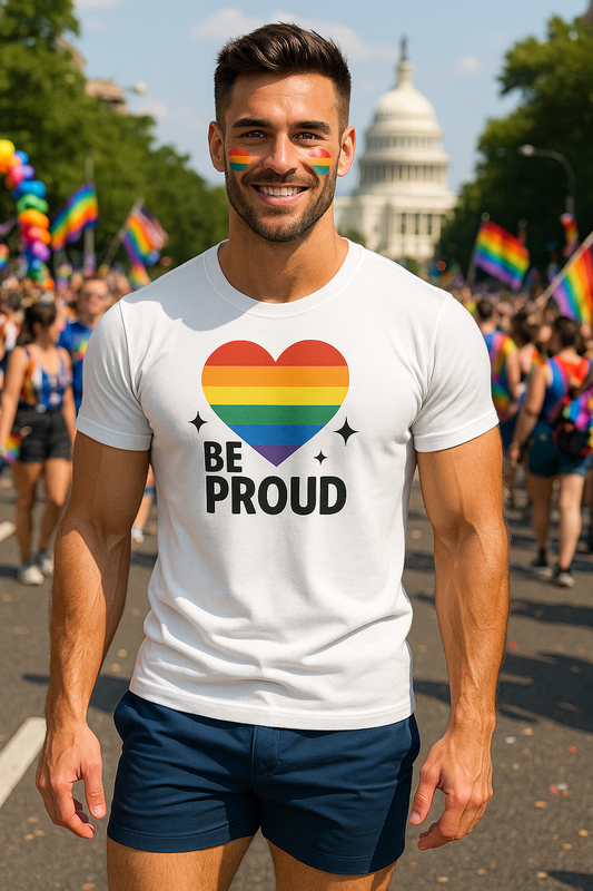 BE PROUD PRIDE TEE – unisex graphic cotton T-shirt from Good Trouble Fashion – soft jersey tee product photo