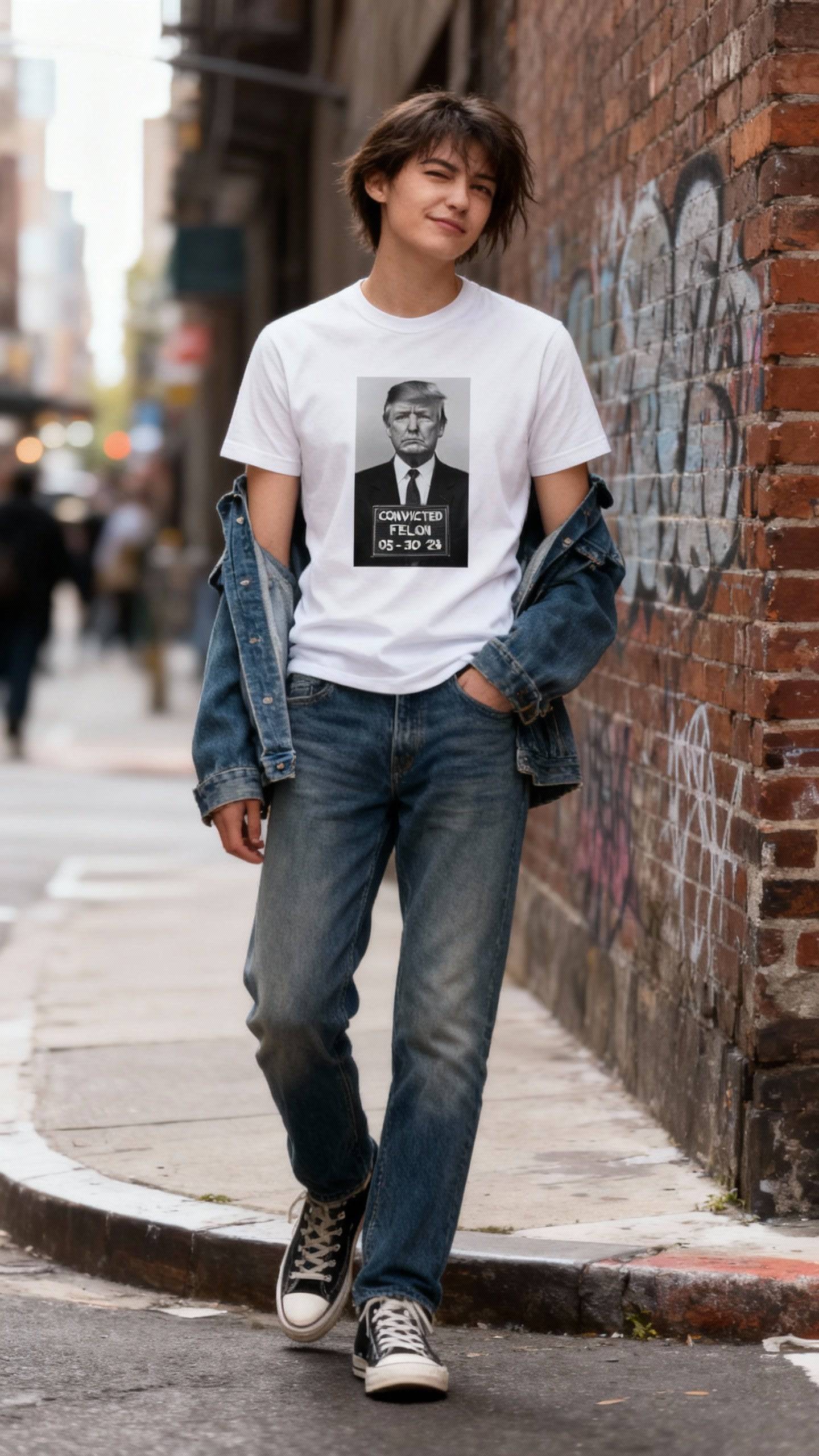 T-Shirt - President Convicted Stylish Statement Tee – unisex graphic cotton T-shirt from Good Trouble Fashion – soft jersey tee product photo