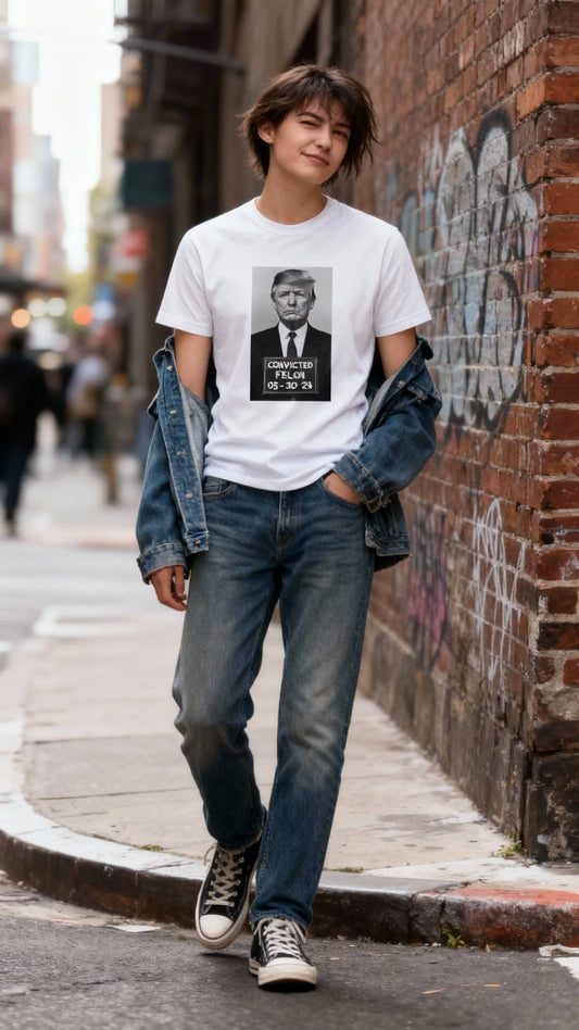 T-Shirt - President Convicted Stylish Statement Tee – unisex graphic cotton T-shirt from Good Trouble Fashion – soft jersey tee product photo