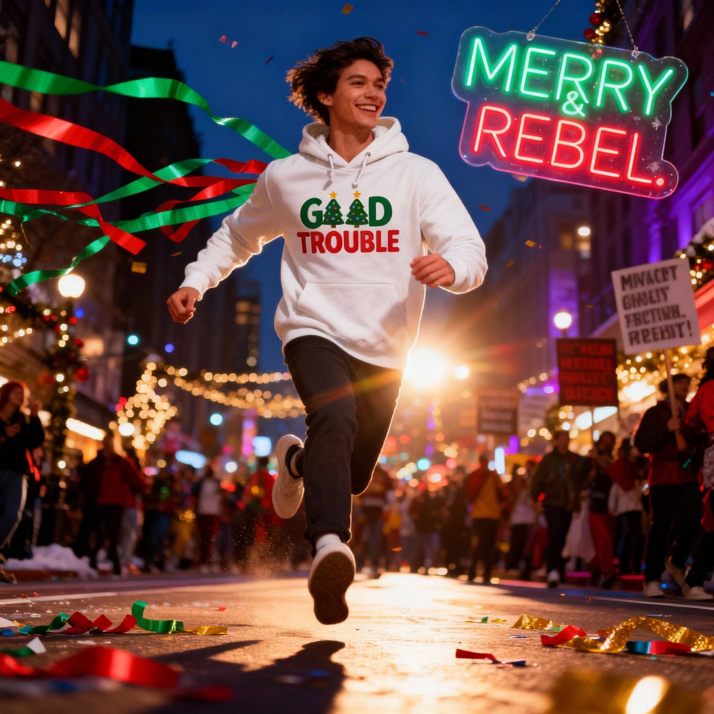 Good Trouble Christmas Tree Sweatshirt – unisex graphic crewneck sweatshirt from Good Trouble Fashion – soft fleece product photo