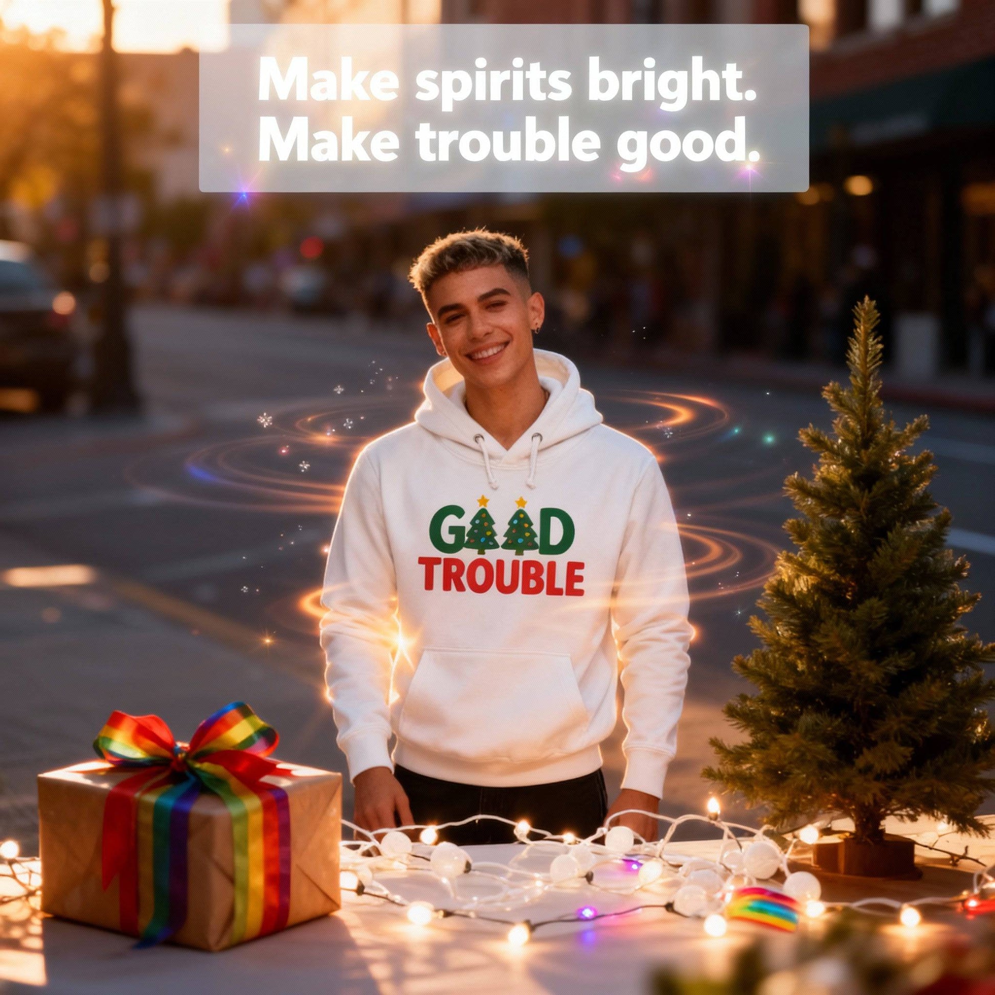Good Trouble Christmas Tree Sweatshirt – unisex graphic crewneck sweatshirt from Good Trouble Fashion – soft fleece product photo