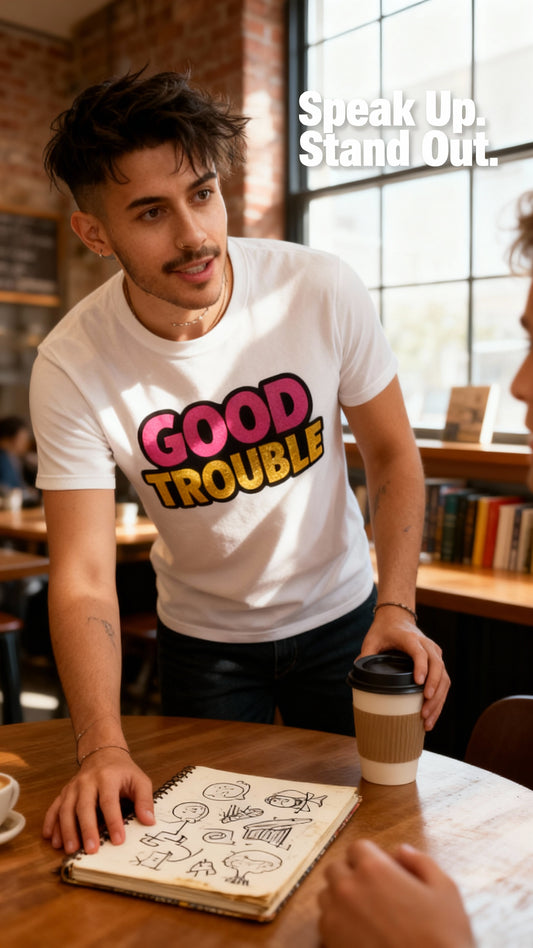 Good Trouble T-Shirt with Bold Print – unisex graphic cotton T-shirt from Good Trouble Fashion – soft jersey tee product photo