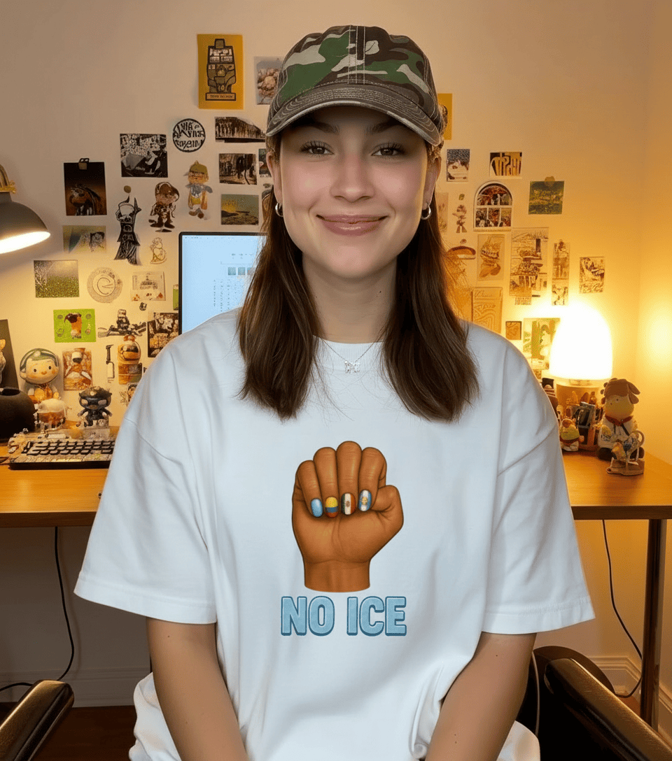 No Ice Tee Shirt - Empowering Good Trouble T-Shirt with Bold Fist Design – unisex graphic cotton T-shirt from Good Trouble Fashion – soft jersey tee product photo