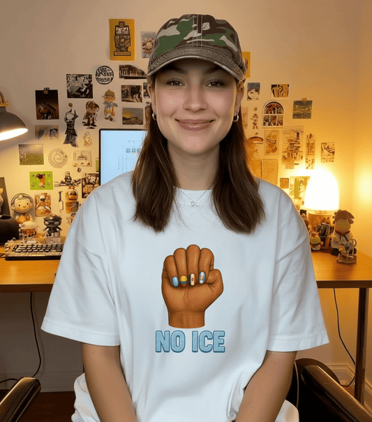No Ice Tee Shirt - Empowering Good Trouble T-Shirt with Bold Fist Design – unisex graphic cotton T-shirt from Good Trouble Fashion – soft jersey tee product photo