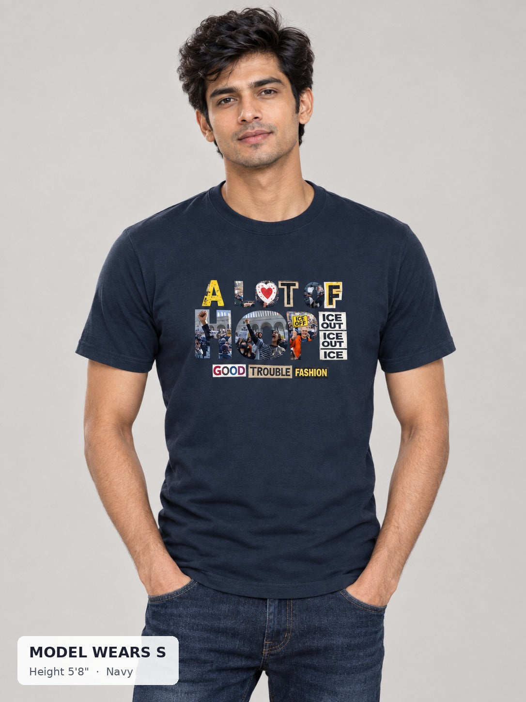 A Lot of Hope Tee in Navy on a slim model wearing size S, 5'8" - Good Trouble Fashion